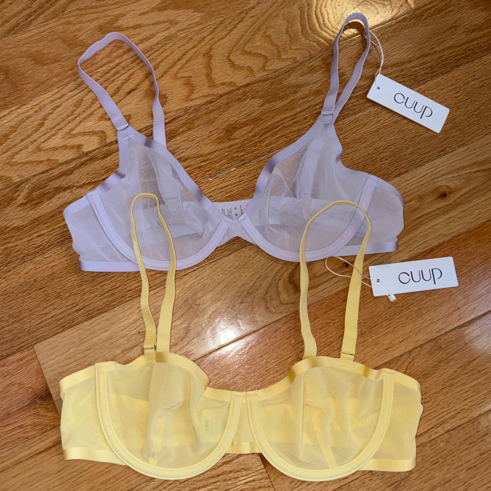 New With Tags CUUP Mesh Unlined Bra Bundle, Lilac Plunge & Honey Balconette, 36A